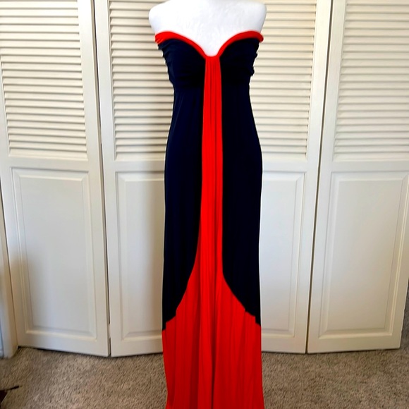 T-Bags Dresses & Skirts - T-bags navy and orange color-block strapless maxi dress